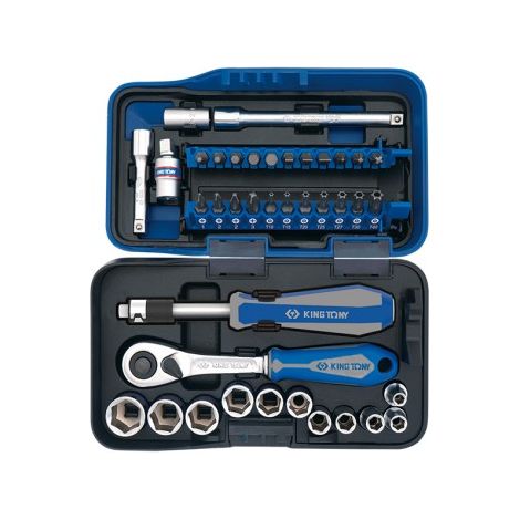 Coffret cliquet et douilles 1/4" – 39 pièces – Douilles métriques 6 pans – Cliquet étanche à la poussière 90 dents – Ouverture rapide – King Tony (1/5)