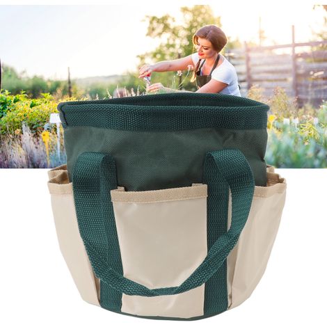 Sac de jardin rond avec 6 poches Oxford Outils de jardinage Tote de stockage pour hommes et femmes jardiniers Vert avec couleur Crème (1/5)
