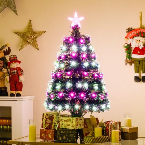 Sapin de Noël Artificiel Pré-Illuminé de 93cm avec Fibres Optiques Multicolores 96 Lumières LED 8 Modes 96 Branches en PVC Étoile Vert (1/3)