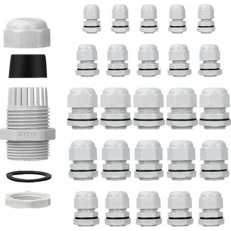 Pack de de 25 presse-étoupes étanches - Réglables - PG7 PG9 PG11 PG13.5 PG16 - , XU,Connecteurs de cable - écrous de remplissage - Joints en plastique avec rondelle - Blanc - (1/4)