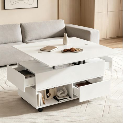 Table basse relevable 3-en-1 à roulettes avec 4 tiroirs, 100x50x52 cm, blanc, REDOM (1/5)