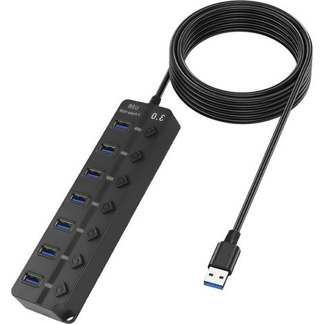 Hub USB a 7 porte con alimentatore, interruttori e LED indipendenti, hub USB 3.0 e 2.0 per PC, laptop, Mac, Windows, Linux, cavo da 1,2 m. (1/5)