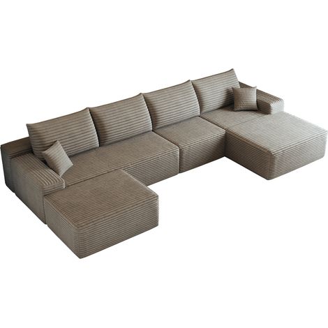 Canapé d'angle modulaire 340cm avec chaise longue en velours côtelé camel, sans montage (1/5)