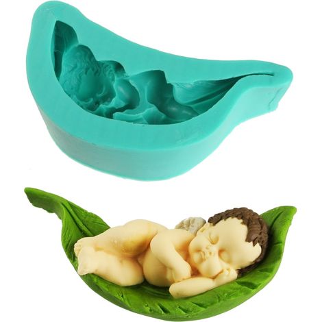 Silikonform für Zuckerpaste, 3D-Babyengel auf einem Blatt (1/2)