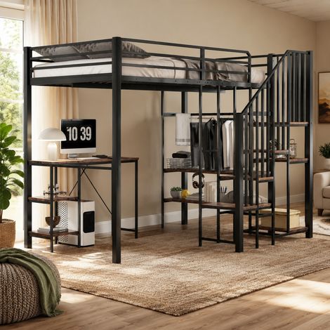 Etagenbett 120x200 cm schwarz aus Eisen und MDF mit Schreibtisch, offenem Kleiderschrank und Stauraum (1/5)