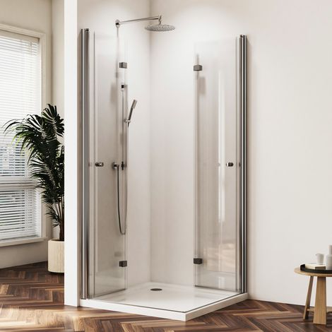 Duschkabine 75x75 cm Falttür Eckeinstieg 180° Rahmenlos Duschabtrennung Drehfalttür Dusche Eckdusche Duschtür Faltbar Duschwand, 6mm ESG Glas, Höhe 185cm