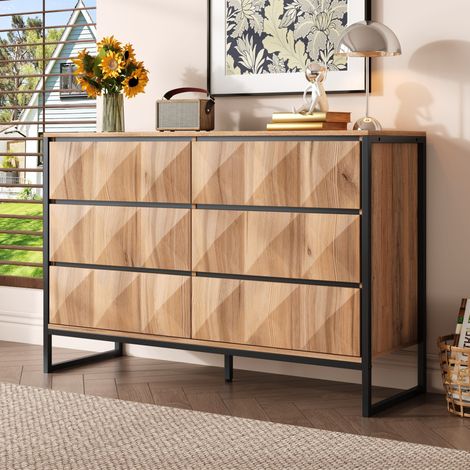 Aparador de 6 cajones 120 x 40 x 80 cm en aglomerado y MDF, negro y madera HAVRYA (1/5)