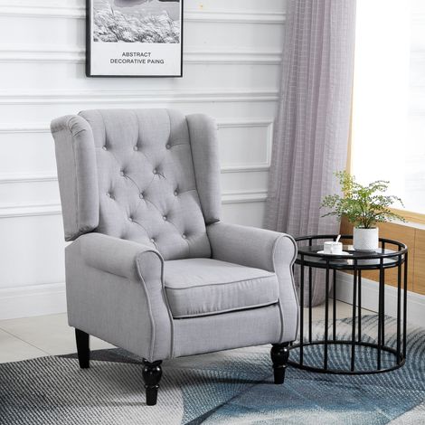 Fauteuil style français - gris - accoudoirs et rembourrage - pieds bois - large assise matelassée - pour salon et bureau (1/4)