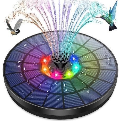 AMZtime Solar-Gartenbrunnen mit farbigem LED-Wasserfall, 5,5 W – 7 Düsen, Solarpumpe für Teiche (1/4)
