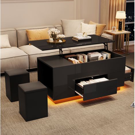 Tavolino basso 100x50x45 cm nero sollevabile con LED, 2 cassetti, truciolato MEUBLIV (1/5)