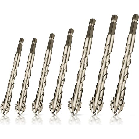 Juego de 7 brocas excéntricas con cuatro canales y dientes de sierra, broca serrada con cuatro filos de corte, vástago hexagonal de 1/4", juego de brocas para azulejos de alta resistencia con punta de