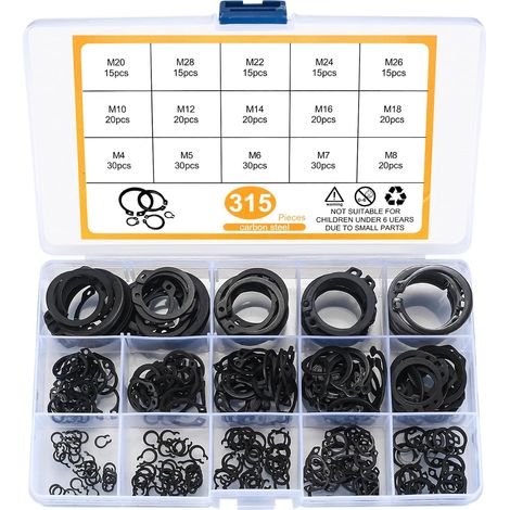 Coffret de 315 anneaux de retenue – Assortiment de circlips, de clips en E (internes) et de clips en C (externes) (4–28 mm) pour arbres rainurés (1/5)