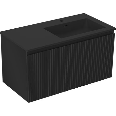 Mexen Rivel Badezimmerschrank 90 cm mit Waschbecken Otis rechts, 1S, 1D, geriffelt, schwarz matt - 91A23-09047-3-BBFF71-W18P71