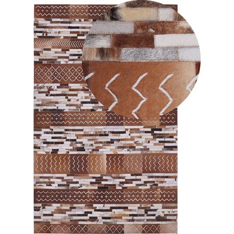 Tappeto in Pelle Rettangolare Marrone Disegno Geometrico 140 x 200 cm Herekli