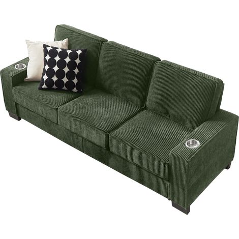 CHICFURN Sofá 3 plazas de terciopelo acanalado verde con reposabrazos y portavasos, diseño moderno para salón, dormitorio u oficina, 206 cm de largo (1/5)