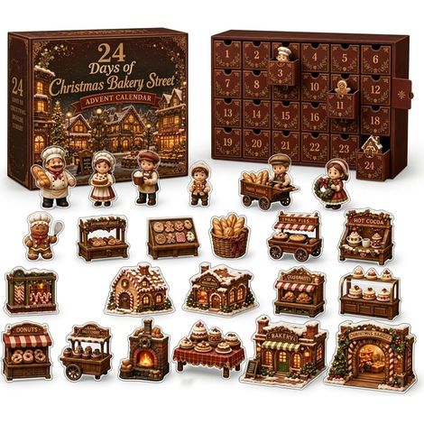 Calendrier de l'Avent 2026 - 24 cases - marron, rouge, blanc - acrylique - 24 jours - Figurines de boulangerie de rue - Décoration de Noël - Idéal pour les fêtes de Noël et la décoration intérieure (1/5)
