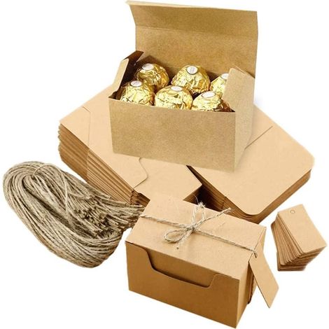 50 Pièces Boite Kraft Carrée, Boite Cadeau Kraft, Kraft Brun Boîte, avec étiquettes cadeaux et corde de chanvre, pour Emballage Cadeau Chocolats Bijou Petit Cadeaux Dragées de Mariage 10 x 6 x 6 cm (1/5)