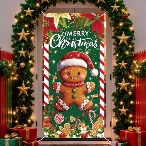 Bannière de Porte Joyeux Noël, 185x90cm Décoration en Polyester Forme de Bonhomme en Pain D'épices pour Porte D'entrée Décoration Intérieure et Extérieure les Fêtes D'hiver (1/5)