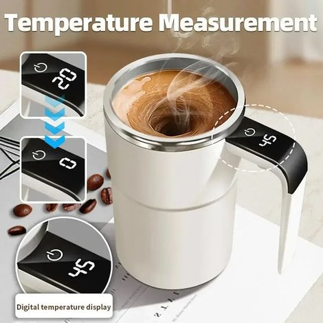 (Blanc) Mug magnétique à agitation automatique avec écran LCD, adapté au café et au lait, en acier inoxydable. (1/4)