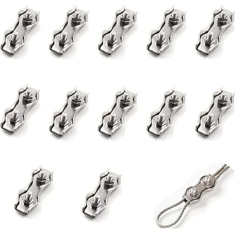 Lot de 12 serre-câbles doubles en acier de 1 mm², connecteur de serre-câble en acier inoxydable, pince de fixation pour câble de frein, utilisée pour les câbles en acier de 1 mm².