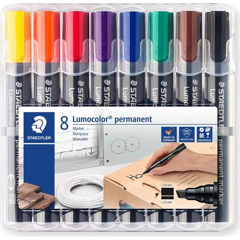 Marqueur permanent à pointe biseautée, résistant à l'eau et aux frottements, séchage rapide, Box de 8 marqueurs aux couleurs assorties, 350 WP8 (1/5)