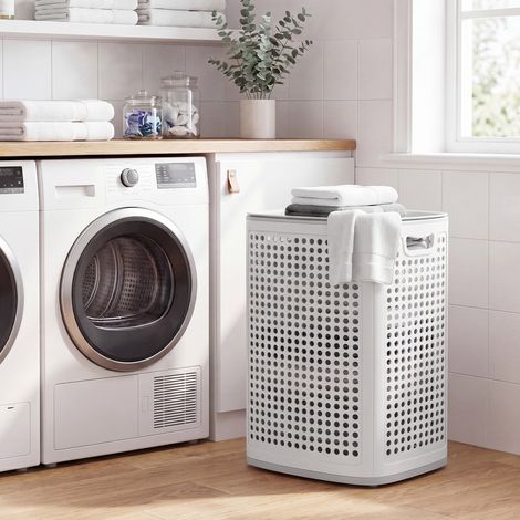 Panier à Linge en Plastique, Fin, Gain de Place, avec Couvercle, Buanderie, Salle de Bain, Chambre, Blanc et Gris (1/5)