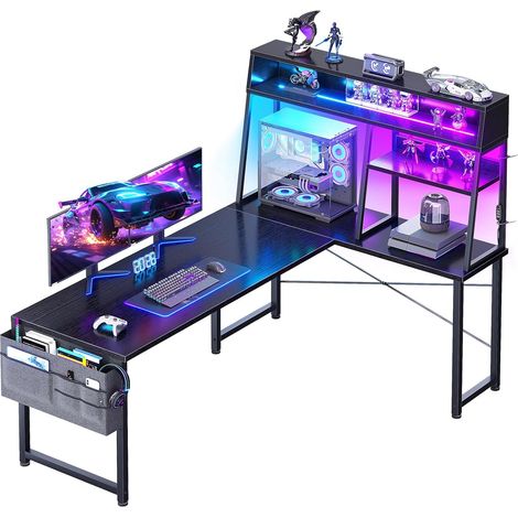 Bureau gaming d'angle noir 100 x 70 cm avec étagères réversibles
