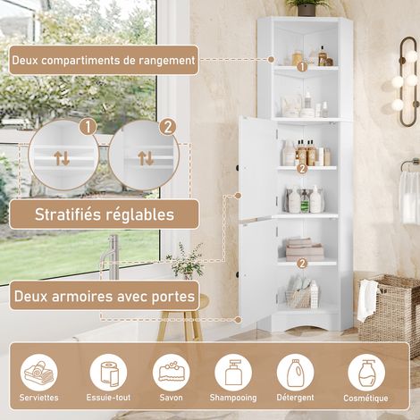 Armoire de salle de bains en forme de triangle. Finition peinte intégralement. Deux compartiments ouverts, deux portes d’armoire réglables. Forme simple, couleur blanche. (1/5)