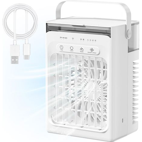 Ventilateur climatiseur portable 3 en 1, mini refroidisseur d'air avec réservoir d'eau de 1000 ml, 4 vitesses, minuterie 2/4/6 h, lumière RGB, petit ventilateur de refroidissement USB (bleu) (1/5)