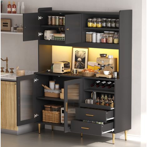 Meuble de cuisine 130 x 40 x 172 cm avec LED, prises, range-bouteilles et 2 tiroirs, noir OKMYHOME (1/5)