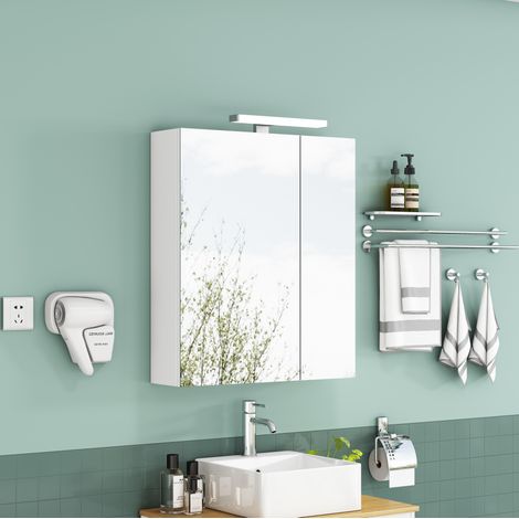 MODFU – Armario de baño de pared 67 cm de MDF/vidrio con 2 puertas asimétricas, estantes de vidrio, LED y enchufe francés – Blanco (1/5)