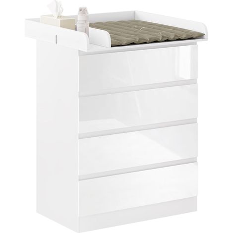 WOLTU Wickelkommode mit abnehmbarer Wickelauflage, Wickeltisch Baby, Wickelregal, Kommode mit 4 Schubladen, Höhe 110 cm, Weiß + Hochglanz Weiß (1/5)