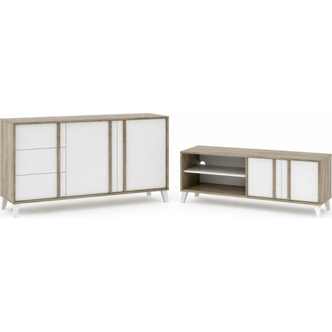 Ensemble de salon Buffet + Meuble TV Style Scandinave – coloris Chêne Clair et Blanc (1/5)