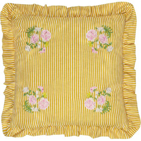 Coussin Garni De Polyester Cottage Champêtre Floral Brodé Rayé Oreiller Décoratif Jaune 50x50cm (1/5)