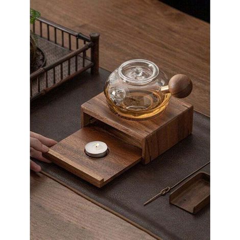 Support de théière en bois avec petit bougeoir, 1 pièce - Base de chauffe-théière de table, accessoire chauffant non électrique pour service à thé de table, pour la rentrée scolaire (1/4)