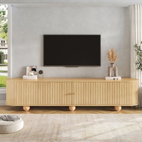 Meuble TV 180cm bois avec 2 Portes Coulissantes et 6 pieds en bois à boule, Charge 30kg, Meuble de Salon Rétro Vintage (1/5)