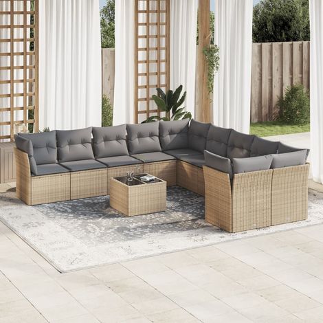11-tlg. Garten-Sofagarnitur mit Kissen Beige Poly Rattan (1/3)