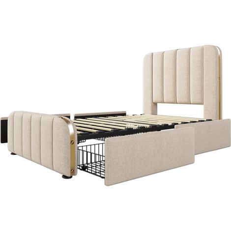 Cama tapizada 90 x 200 cm beige de lino con 4 cajones, cabecero con USB y Type-C (1/5)