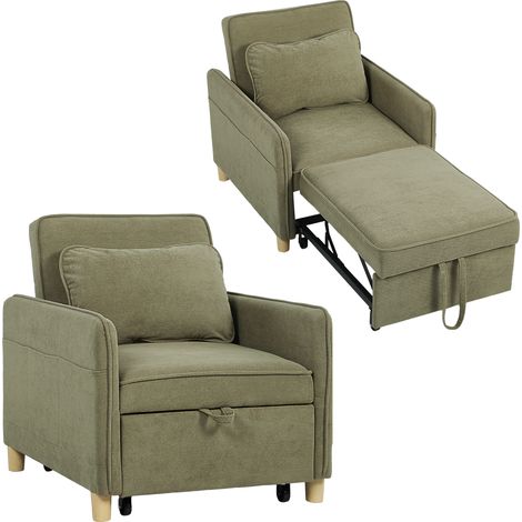 HOMCOM sofá cama plegable de 1 plaza 3 en 1, de terciopelo ecológico con respaldo ajustable, 6 bolsillos laterales y almohada, 74x85,5x82 cm, verde