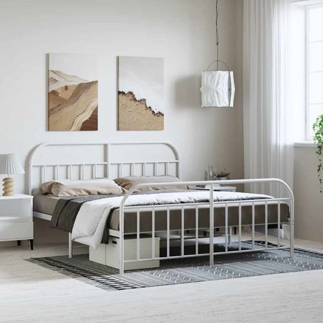 Cadre de lit métal sans matelas et pied de lit blanc 183x213 cm (1/5)