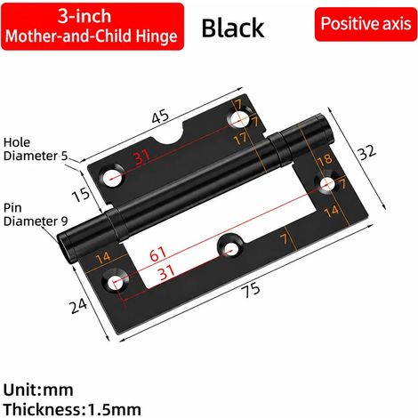 Charnière de porte mère-enfant simple en acier inoxydable (3 pouces, 201SUS, noire), 1 pièce, sans découpe, à pivot silencieux, pour engins de chantier, meubles et armoires. (1/5)