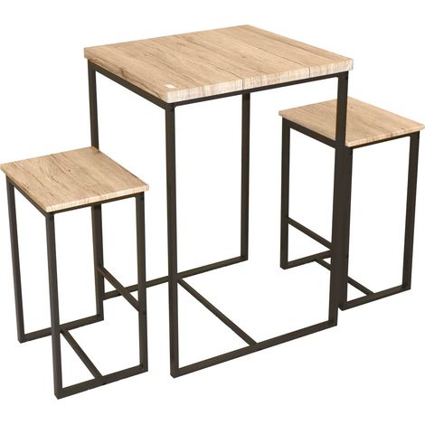 Table de bar carrée avec 2 tabourets – Structure métal – Plateau MDF imitation chêne – Dimensions table L. 60 x l. 60 x H. 88 cm – Urban Living (1/8)