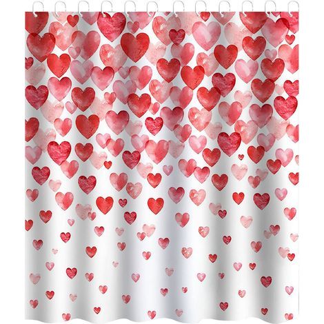 Rideau de douche Giyblacko pour la Saint-Valentin : ensemble de rideau de douche en tissu avec crochets et motifs de cœurs rouges pour la Saint-Valentin. (1/5)
