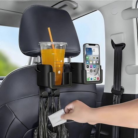 Ensemble de 2 organisateurs de dossier de siège auto avec porte-gobelet, support pour téléphone et crochet, rangement en plastique noir pour bouteilles d'eau, sacs poubelle, véhicules (1/5)