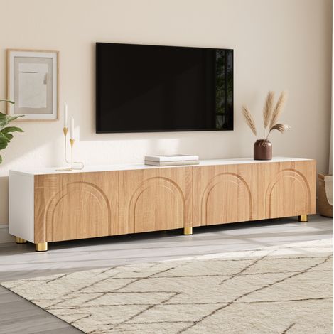 Mueble TV 180 cm con 4 puertas, relieve arqueado, almacenamiento y patas metálicas, estilo escandinavo, blanco y madera (1/5)