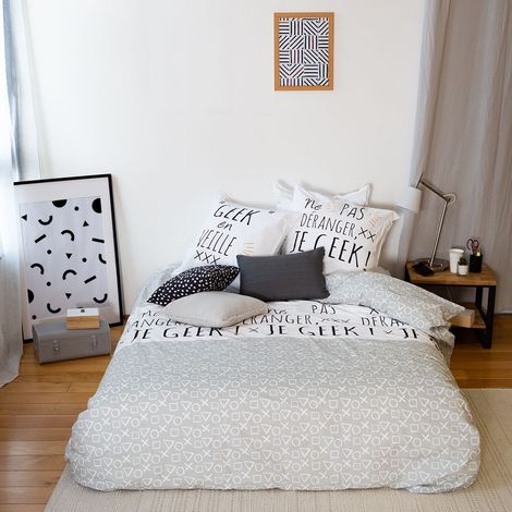 Parure de lit avec Housse de Couette 220x240 cm + 2 Taies d'oreiller 63x63cm pour lit pour 2 Personnes Gris et Blanc 100% Coton… (1/5)