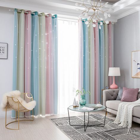 Rideaux à étoiles occultants pour chambre d'enfant, chambre de fille, salon, rideaux à étoiles colorés à double couche, 2 panneaux (53 po x 95 po, rose)