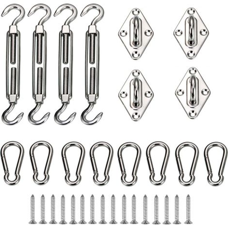 Garden Heavy Duty Sun Shade Sail Fixing Kit for Square and Triangle, Rectangle - 304 Stainless Steel (includes 4 x Pad Eyes, 4 x Turnbuckles, 8 x Snap Hooks, 16 x Screw) (1/5)