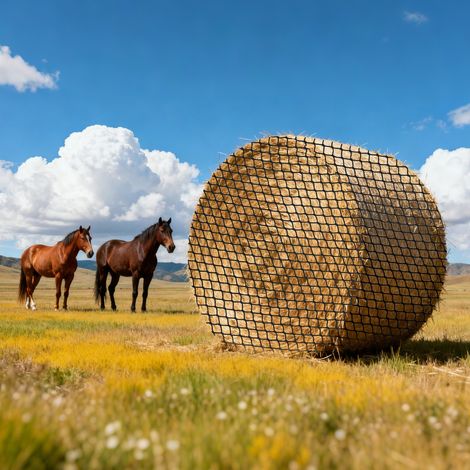 Filet à Foin Balle Ronde 1,5x1,5x1,5 m Filet Balle Foin Cheval PE pour Alimentation Lente Chevaux, Maille 3,8 cm sans Nœuds Attaches Autobloquantes Navette Aiguilles Ficelle Réparation et Sac (1/5)