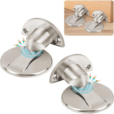 Set aus 2 verbesserten magnetischen Türstoppern mit gebürsteter Satin-Oberfläche und massiver, vernickelter Metallkonstruktion, inklusive Klebstoff und Schrauben (silber).
